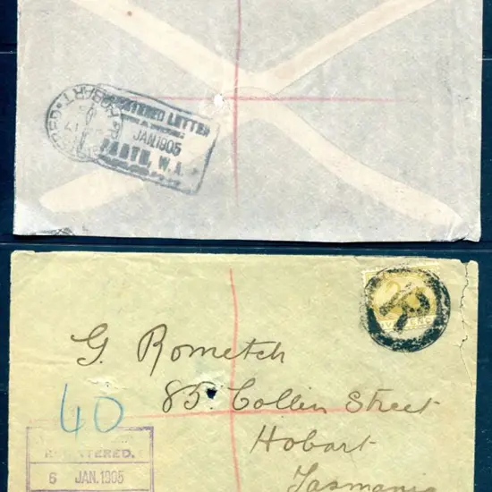 1905 (6th Jan) Registered env to Hobart with 5d ...