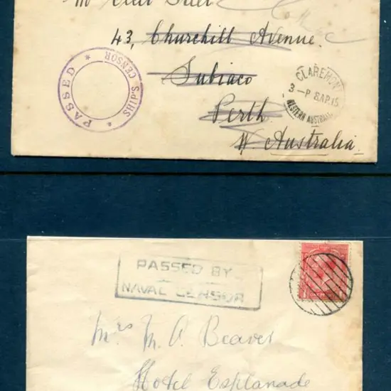 1915 H.M.A.S. "Australia" covers x 2 each with GB ...