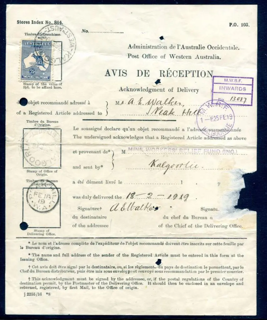 1919 (18th Feb) "Avis de Reception" form PO. 103 ... Image 1++