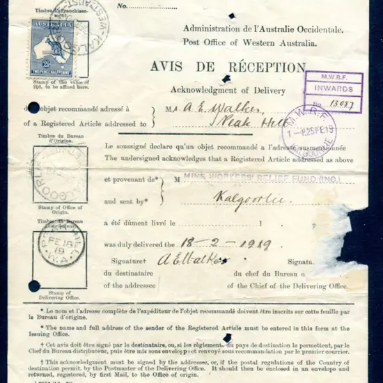 1919 (18th Feb) "Avis de Reception" form PO. 103 ...