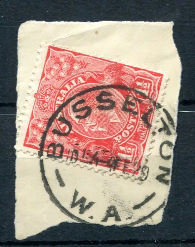 Busselton C31T-a on 1½d red KGV on piece for 4 FE ... Image 1++