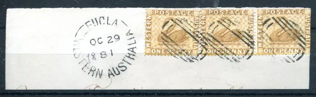 Eucla Proving piece tying strip of 3 x 1d bistre ... Image 1++