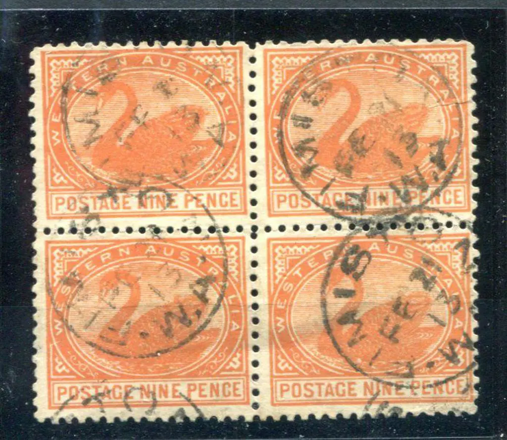 Fimiston 3b in Nil Block of 4 9d orange-red swans ... Image 1++