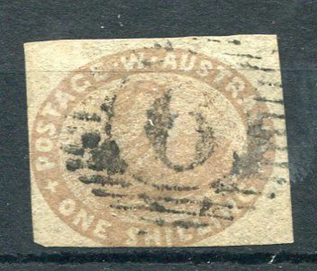 Number 6 Upright strike on 1855 1/- pale brown ... Image 1++