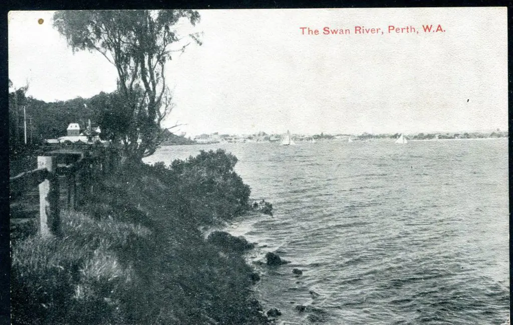 "The Swan River, Perth, WA" b&w with text in red. ... Image 1++
