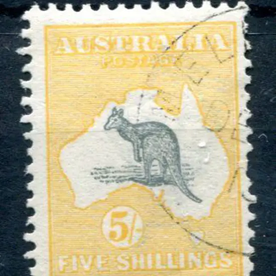 5/- grey & yellow CTO with "DE… 1…" part cds. ...