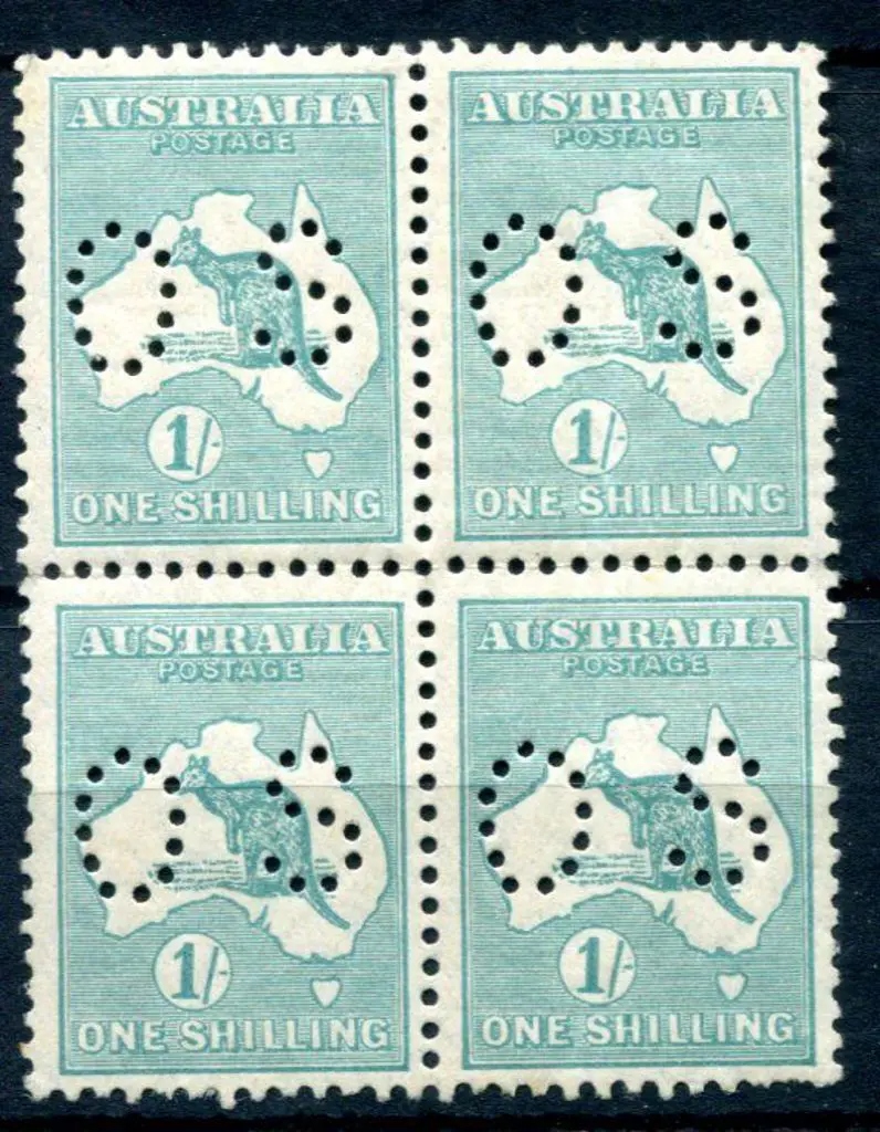 1/- blue-green kangaroo block of 4 perfined small ... Image 1++