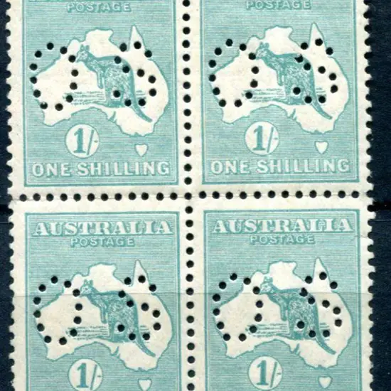 1/- blue-green kangaroo block of 4 perfined small ...
