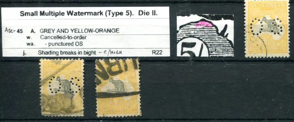 5/- grey-black & yellow-orange perfined "OS" ... Image 1++