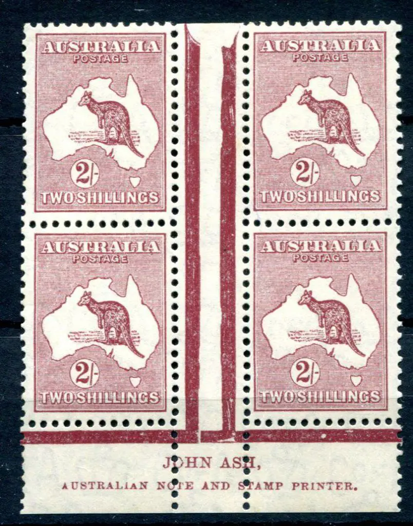 2/- maroon, Die II Plate 1 John Ash imprint block ... Image 1++