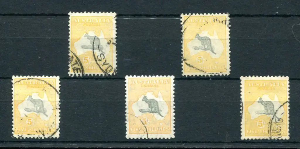 5/- grey & yellow group of 5 with varieties incl ... Image 1++