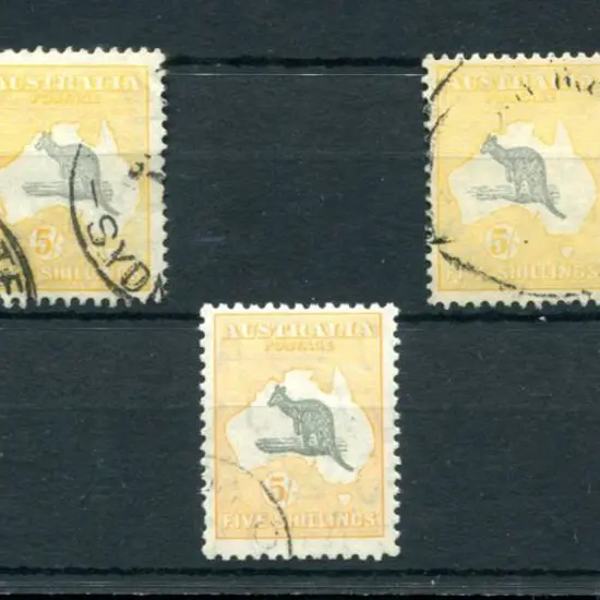 5/- grey & yellow group of 5 with varieties incl ...