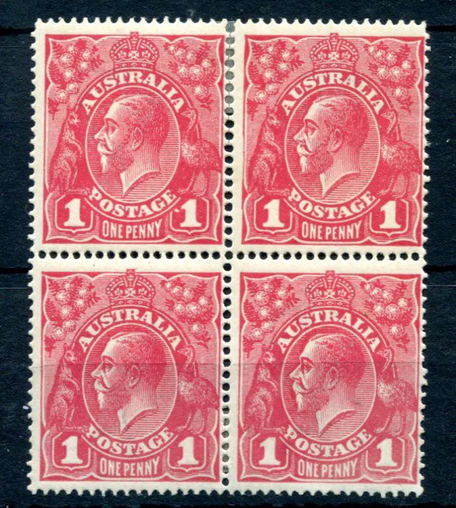KGV 1914-20 Single watermark 1d carmine-red block ... Image 1++