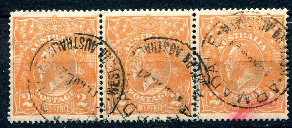 KGV 1914-20 Single watermark 2d orange strip of 3, ... Image 1++