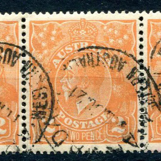 KGV 1914-20 Single watermark 2d orange strip of 3, ...