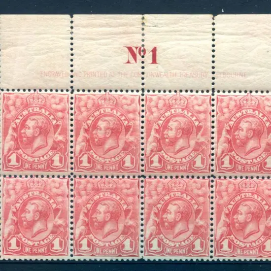 1913 1d pale red KGV engraved Plate No.1 imprint ...