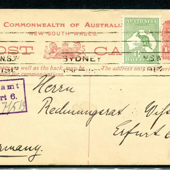 1913 (12th Apr) 1d NSW Post Card uprated to ...