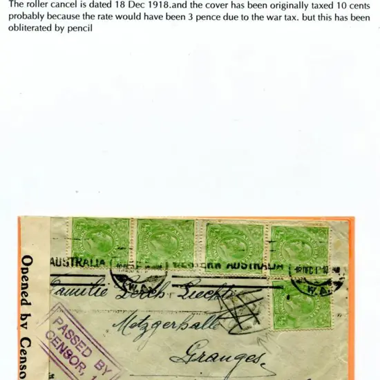 1918 (18th Dec) outbound cover to Switzerland ...