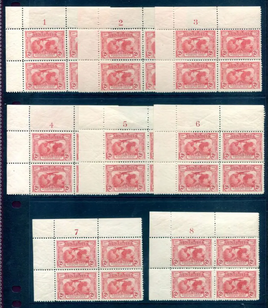 1931 2d Kingsford Smith in 1-8 plate number blocks ... Image 1++