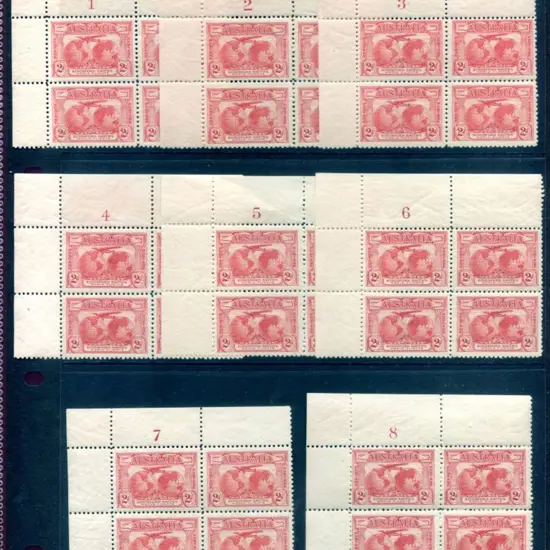 1931 2d Kingsford Smith in 1-8 plate number blocks ...