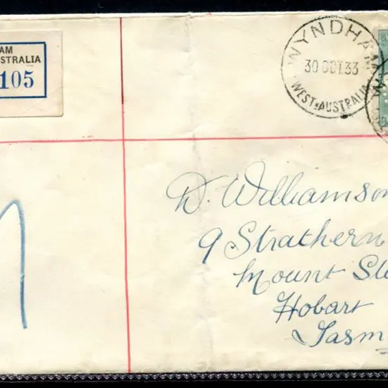 1933 (30th Oct) Airmail cover from Wyndham to ...