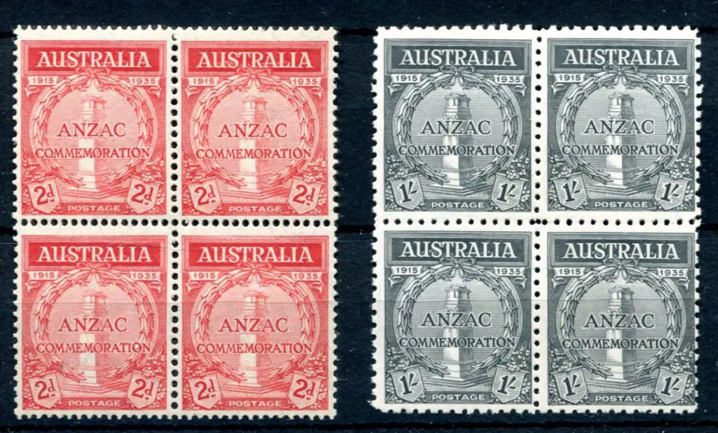 1935 2d & 1/- Anzac blocks of 4, the 2d MUH while ... Image 1++