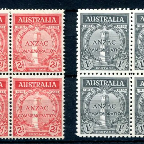 1935 2d & 1/- Anzac blocks of 4, the 2d MUH while ...