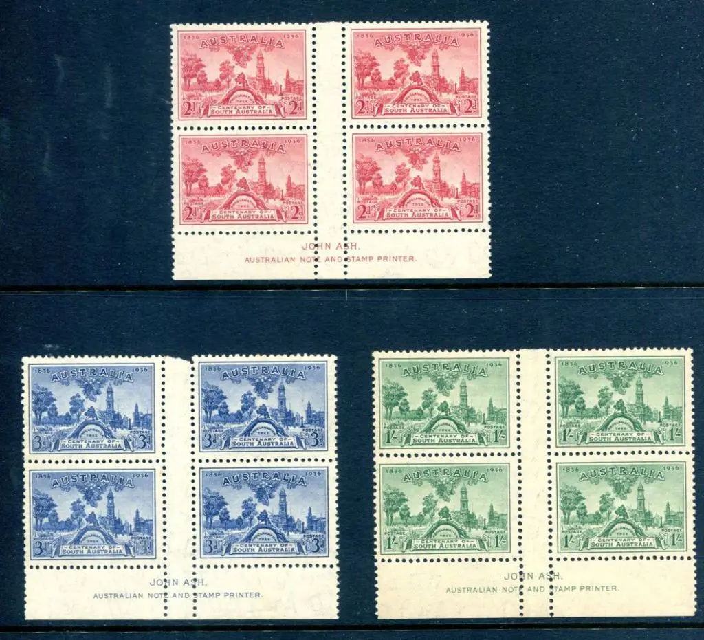 1936 SA Cent set of 3 in John Ash imprint blocks ... Image 1++