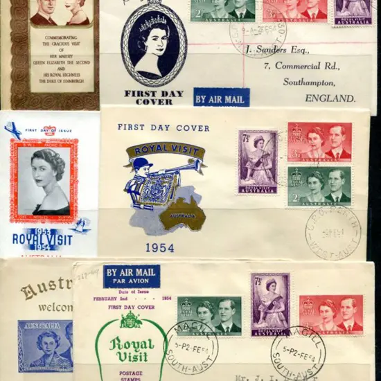 1954 (2nd Feb) Royal Visit FDC group with all diff ...