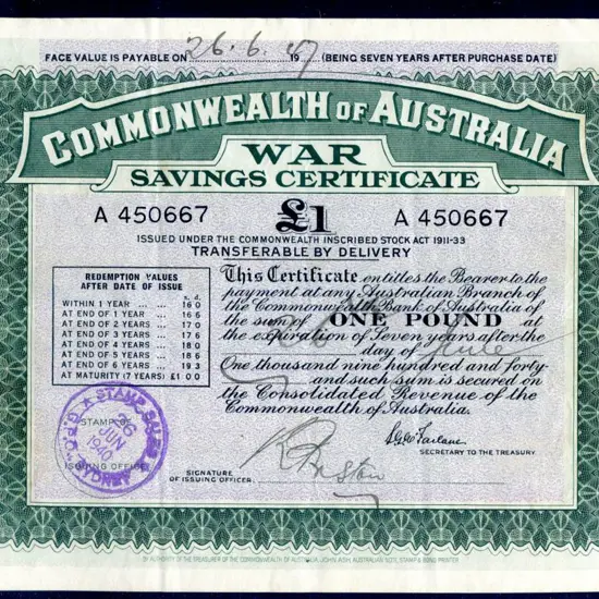 1940 £1 War Savings Certificate with serial number ...