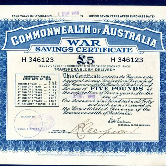 1943 £5 War Savings Certificates for 7 years with ...