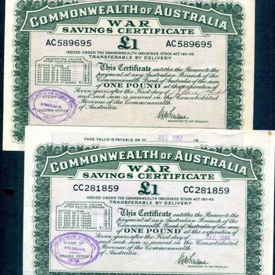 1944 £1 War Savings Certificates x 2 with serial ...