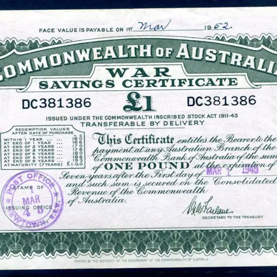 1945 £1 War Savings Certificate with serial number ...