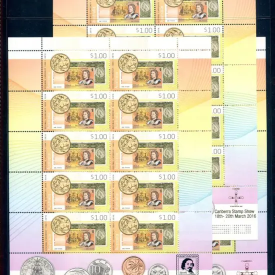 2016 $1 Decimal Currency sheetlets of 10 ovptd ...