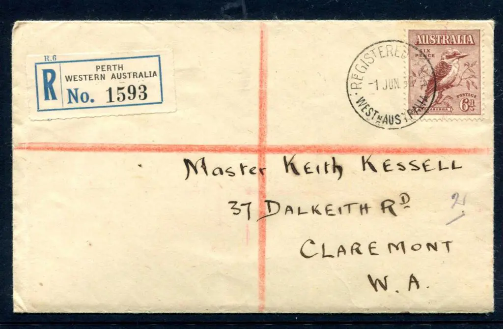 1932 (1st Jun) 6d kookaburra on plain Registered ... Image 1++