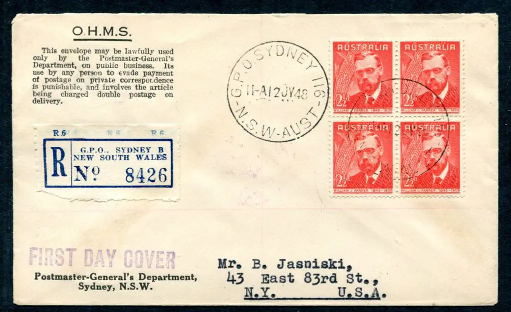 1948 (12th Jul) 2½d Farrer block of 4 on ... Image 1++