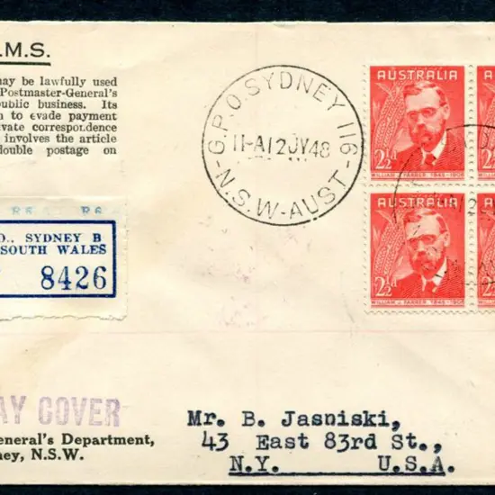 1948 (12th Jul) 2½d Farrer block of 4 on ...