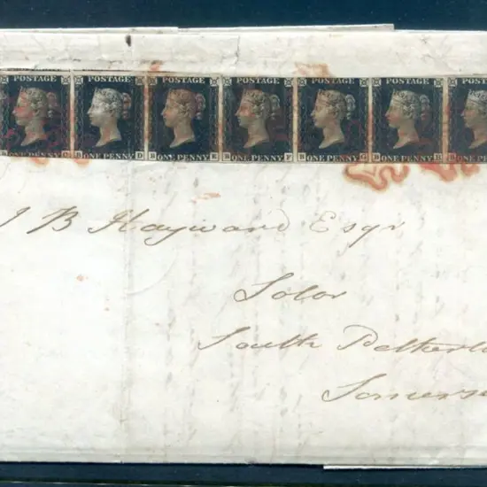 1840 1d black, Plate 8 joined vertical strip of 8 ...