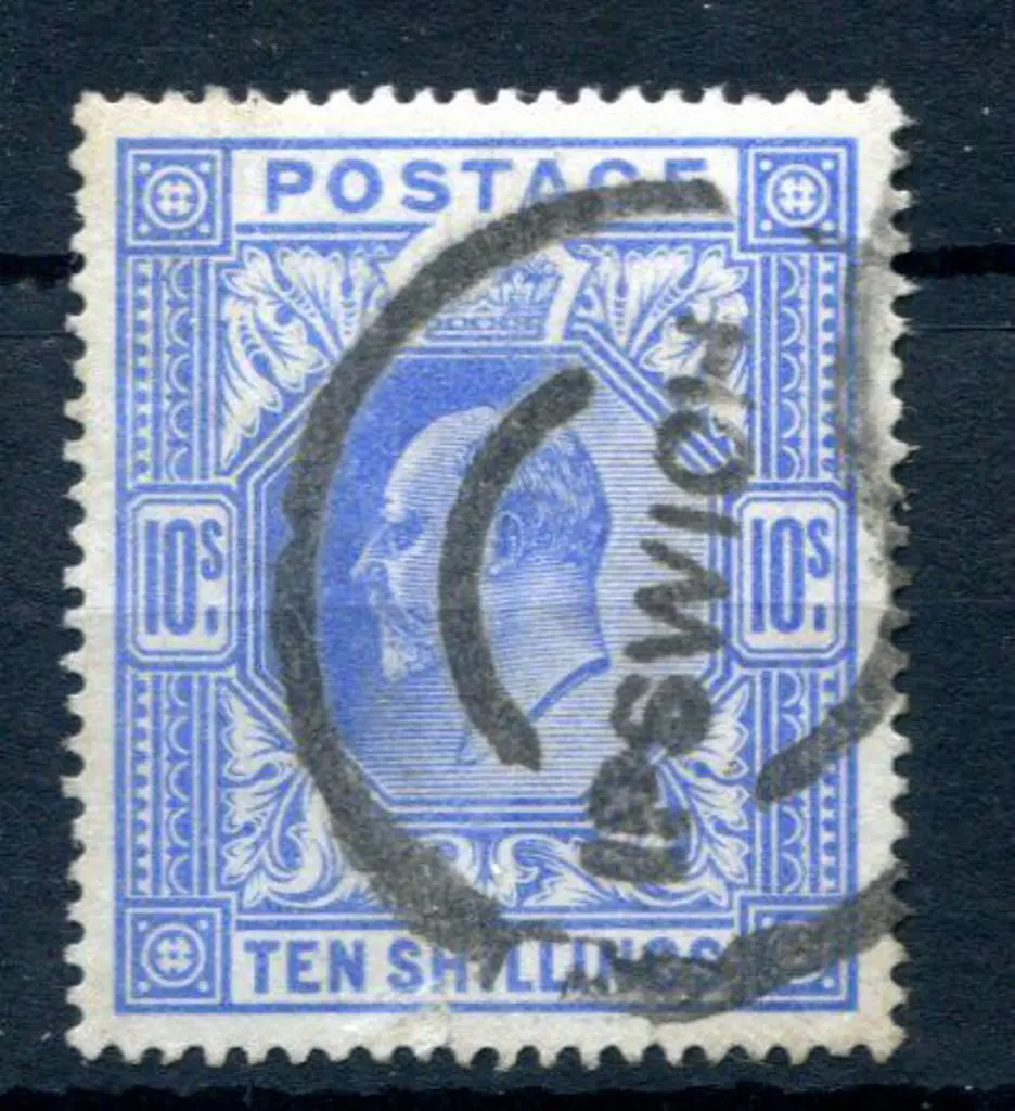 1911/13 10/- blue KEVII used with undated Ipswich ... Image 1++