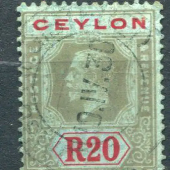 Ceylon 1921/32 20r black & red on blue, script ...