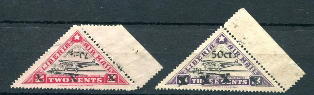 Liberia 1944/45 50¢ on 3¢ & 70¢ (inverted) on 2¢ ... Image 1++