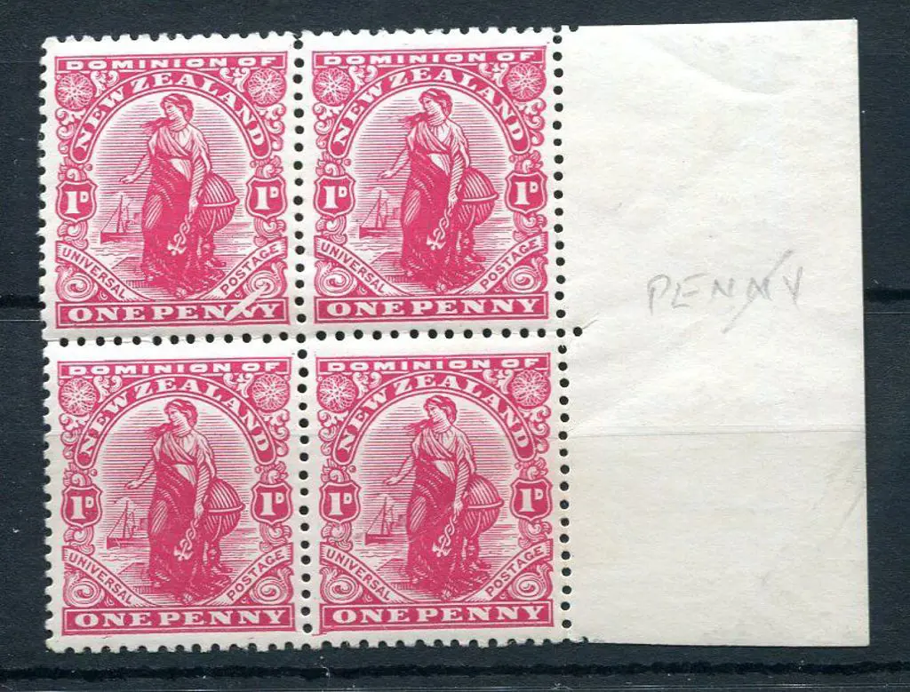 New Zealand 1909/27 1d "Dominion" marginal block ... Image 1++