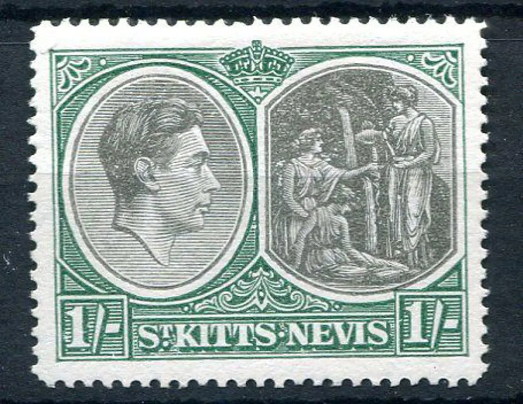 St Kitts Nevis 1938/50 1/- black & green KGVI with ... Image 1++
