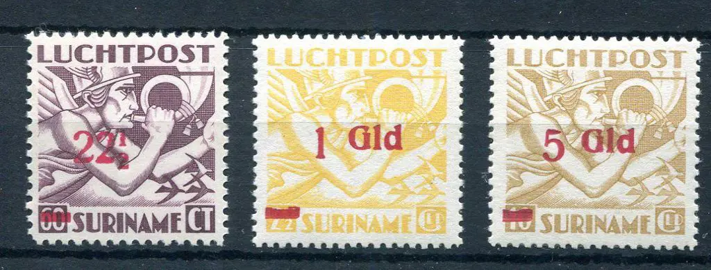 Suriname 1945 Air surcharges on 1941 60¢, 2½g & ... Image 1++