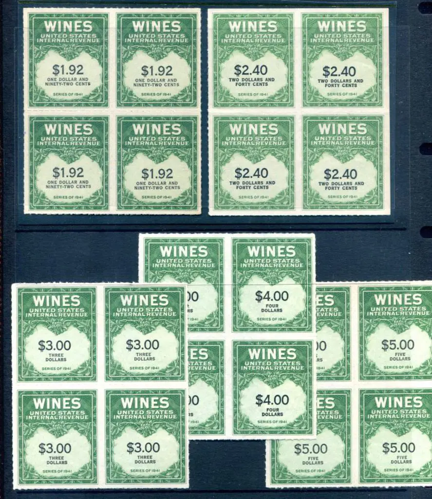 USA 1941 $1.92, $2.40, $3, $4, & $5 Wine Stamps in ... Image 1++