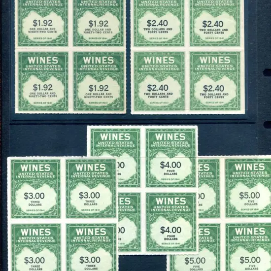 USA 1941 $1.92, $2.40, $3, $4, & $5 Wine Stamps in ...