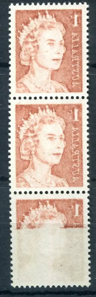 1966 1¢ brown QEII vert strip of 3 with 2 & a bit ... Image 1++