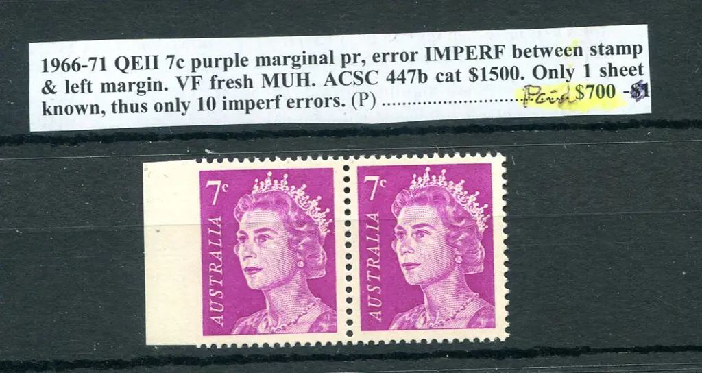 1966 7¢ purple QEII horiz pair imperforate at left ... Image 1++