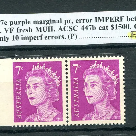 1966 7¢ purple QEII horiz pair imperforate at left ...