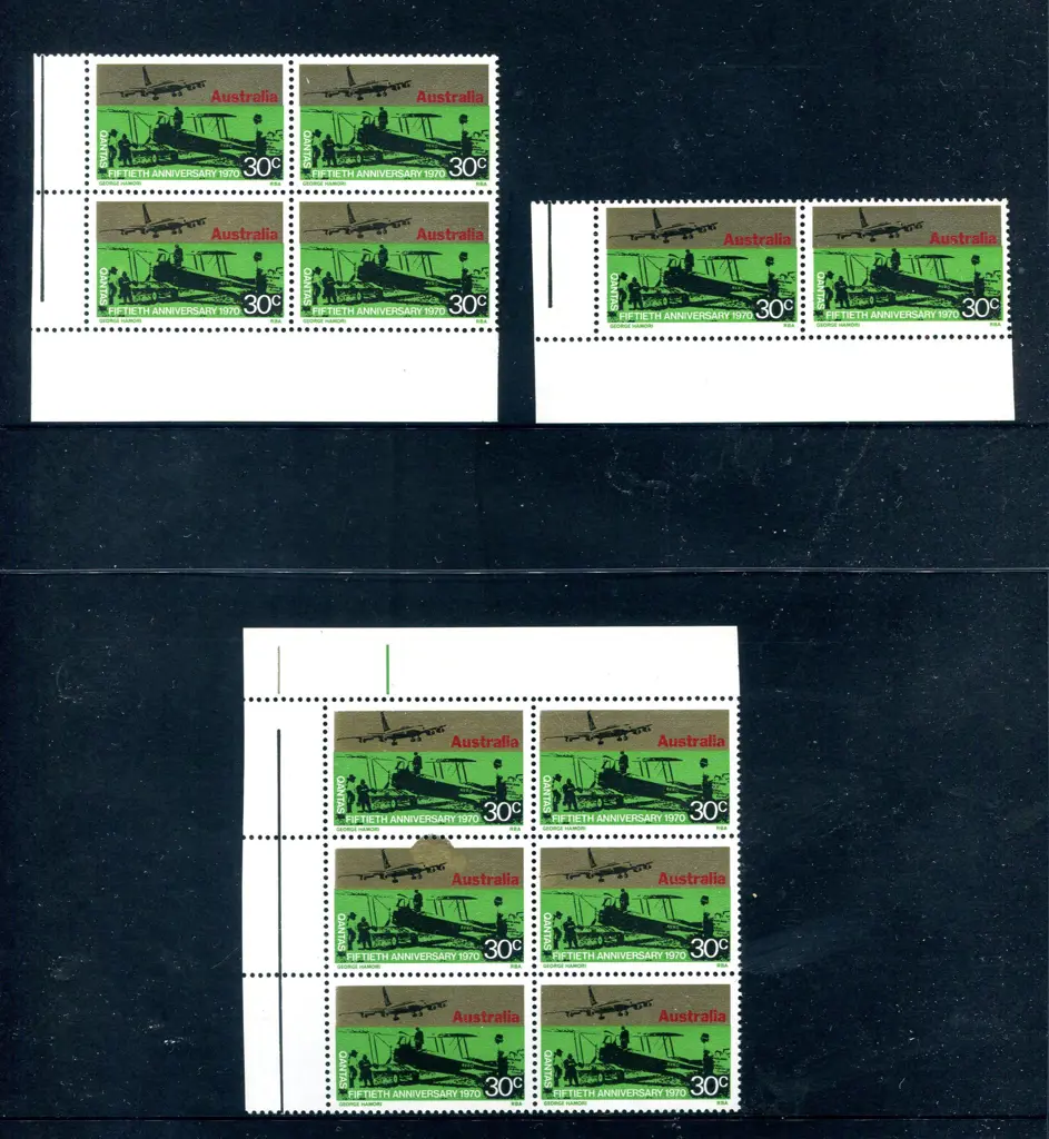 1970 30¢ Qantas block of 6 with a major gold ink ... Image 1++